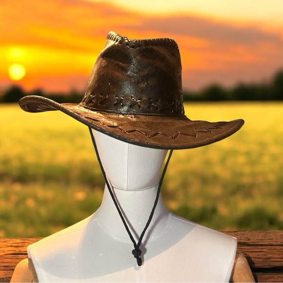 Gorgeous Distressed Black Faux Leather Cowboy Hat (VGUC) - Picture 1 of 9